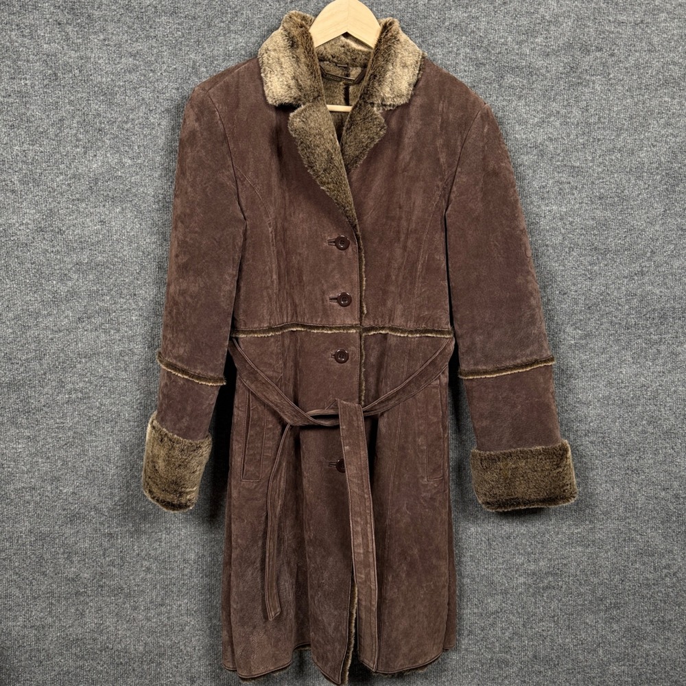 Vtg Y2K‎ Brandon Thomas Medium Trench Coat Brown Suede Leather Fur Lined Belted